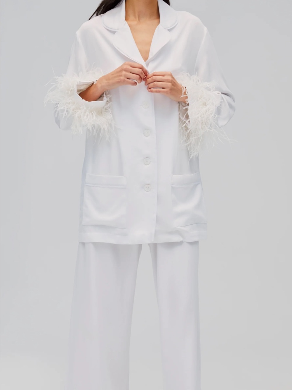 NWT SLEEPER Brand White Feather-Trim Satin Pajama Set (size Small)